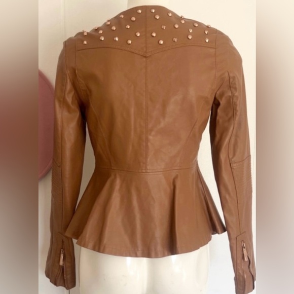 Guess Emily Faux Leather Brown Peplum Hem Lined Jacket w/ Rose Gold Small - Picture 4 of 5